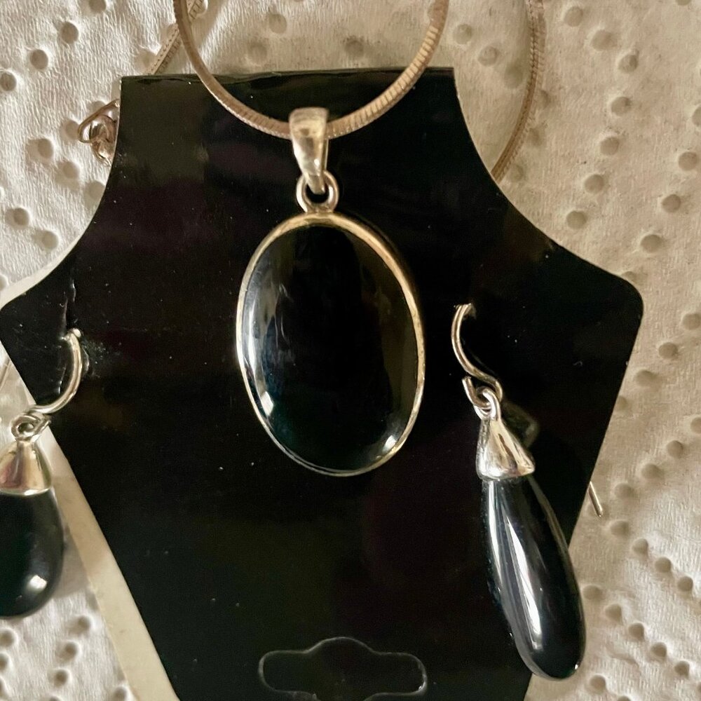 Sterling Silver Black Onyx Necklace and Earrings Set